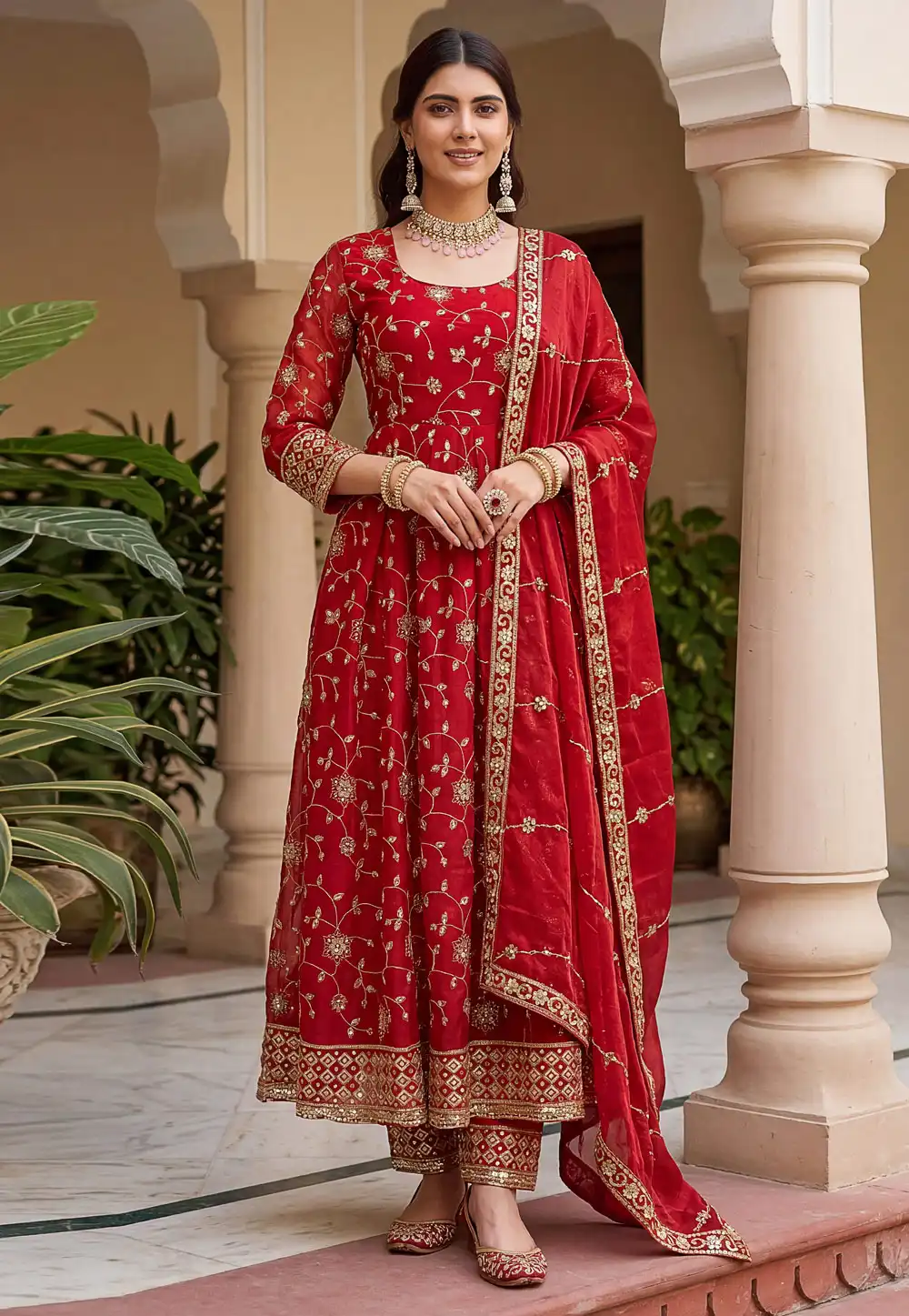 Red Silk Readymade Long Anarkali Suit 328287