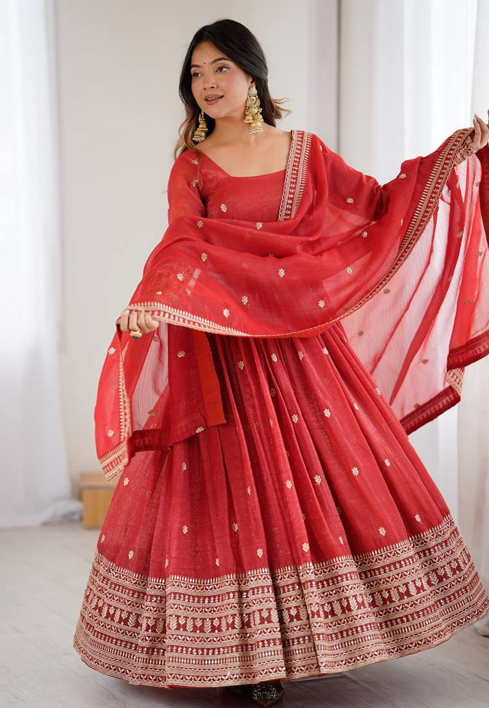 Red Silk Readymade Long Anarkali Suit 320768