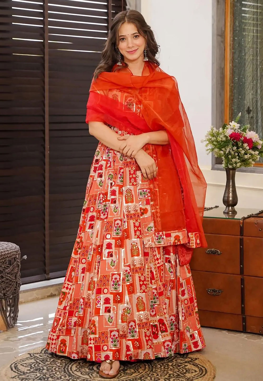 Red Silk Readymade Long Anarkali Suit 311633