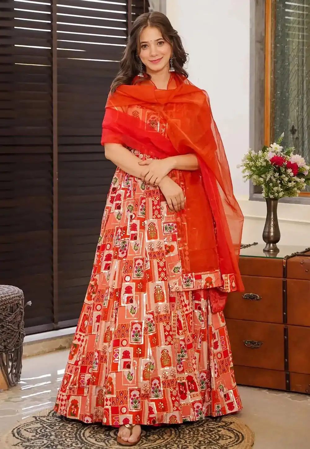Red Silk Readymade Long Anarkali Suit 311633