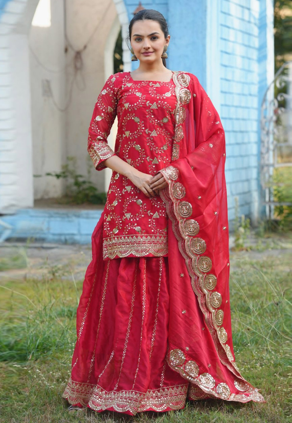 Red Silk Readymade Long Choli Lehenga 308839