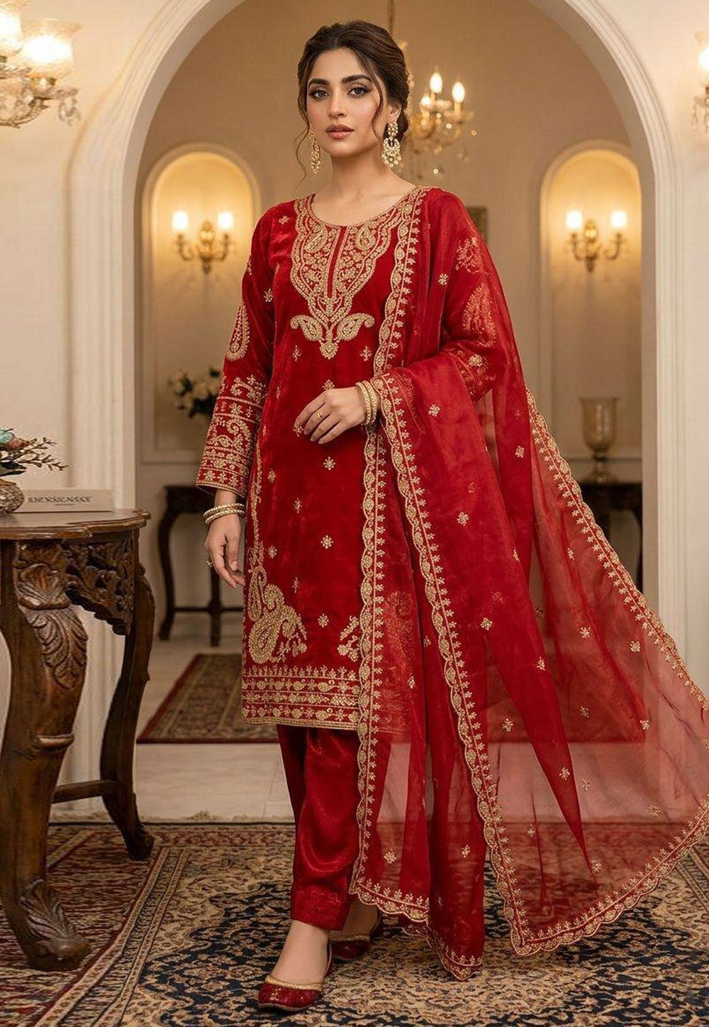 Red Silk Readymade Pakistani Suit 329806