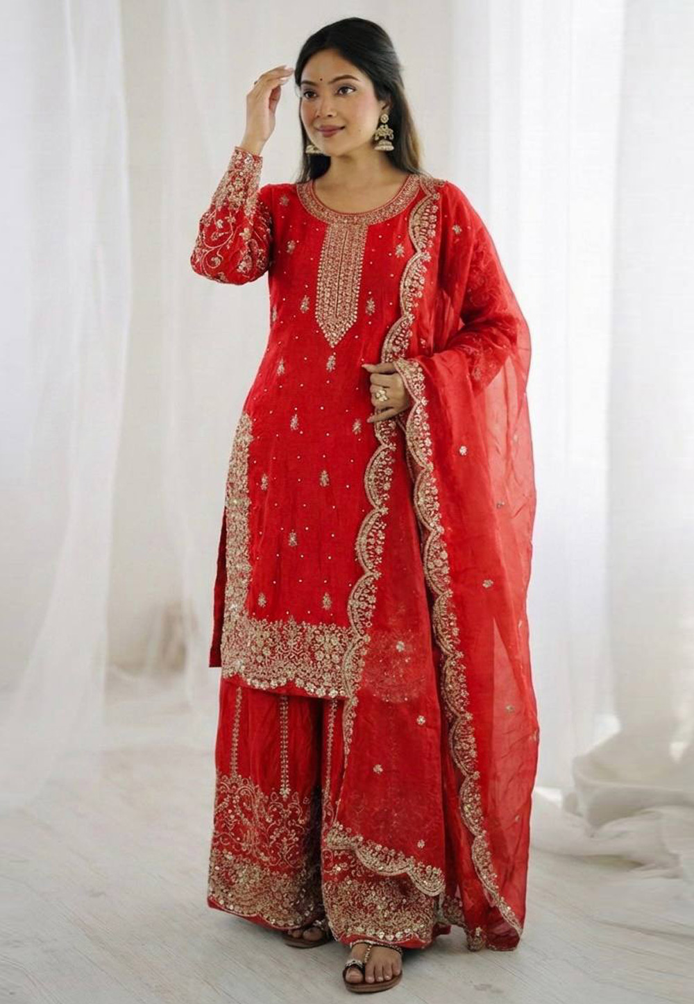 Red Silk Readymade Pakistani Suit 325955