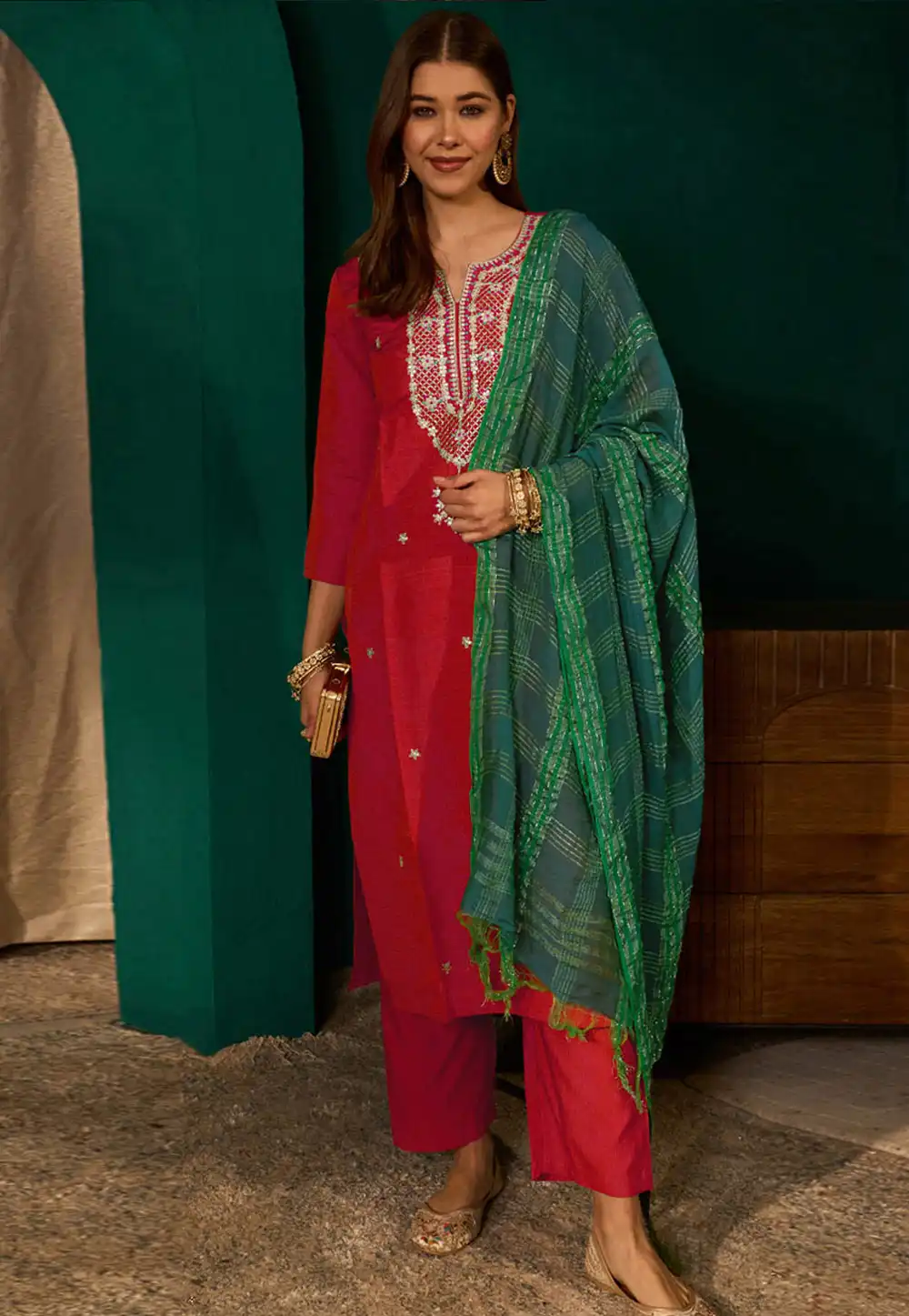 Red Silk Readymade Pakistani Suit 328786