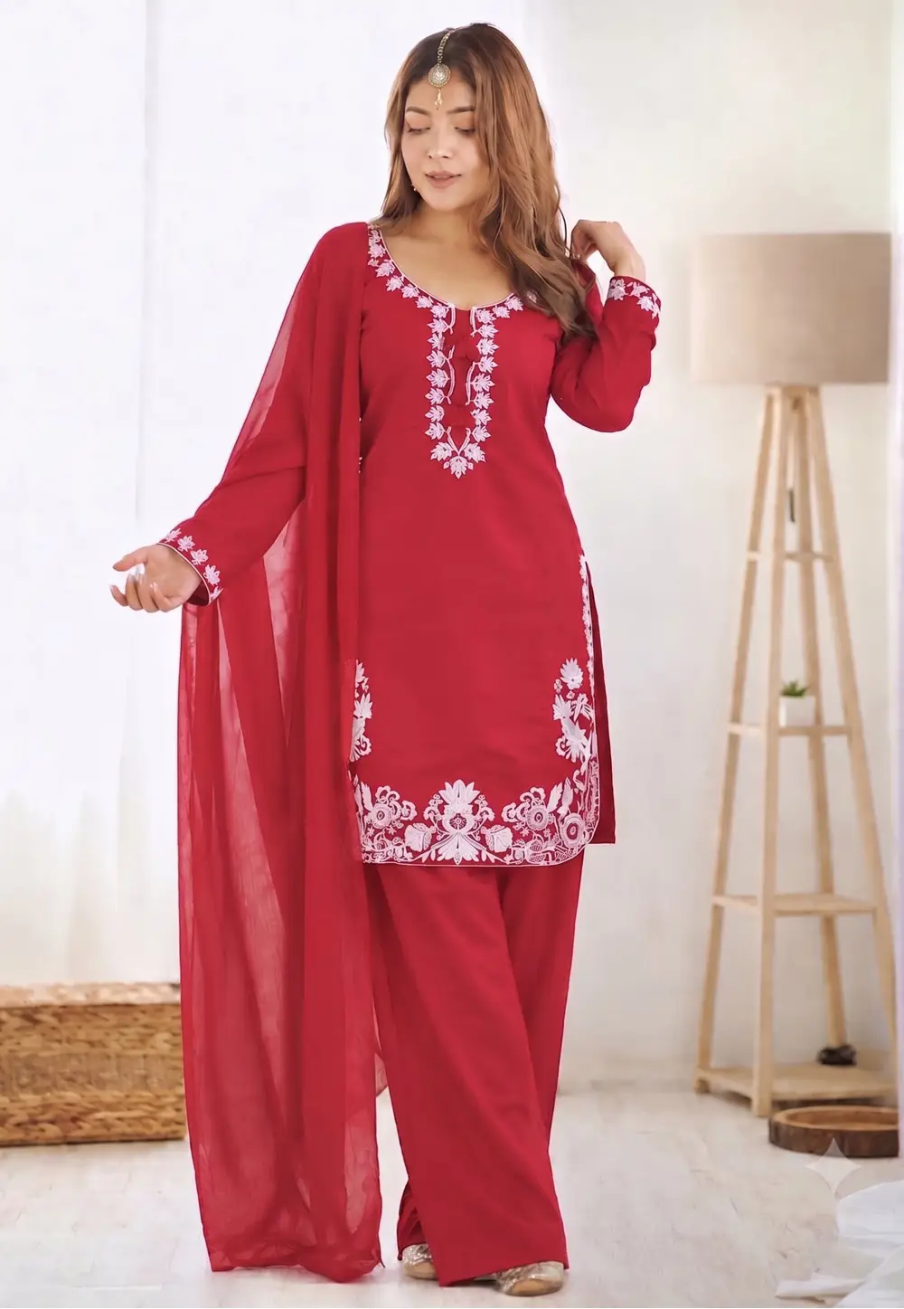 Red Silk Readymade Palazzo Suit 335872