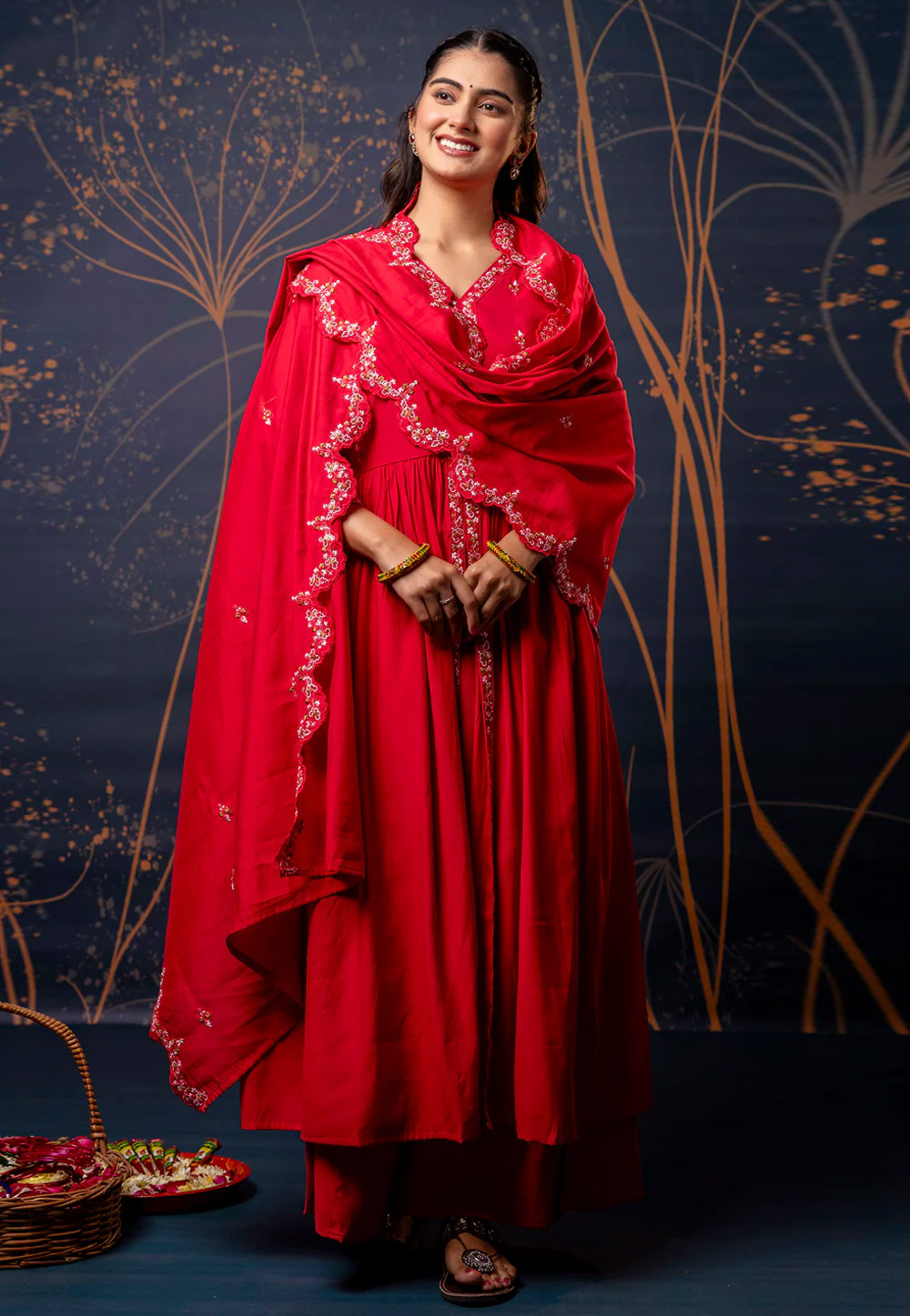Red Silk Readymade Palazzo Suit 307076