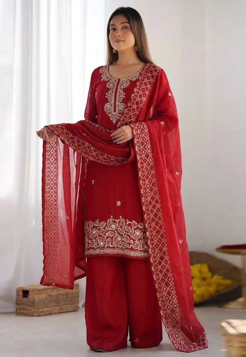 Red Silk Readymade Palazzo Suit 329697