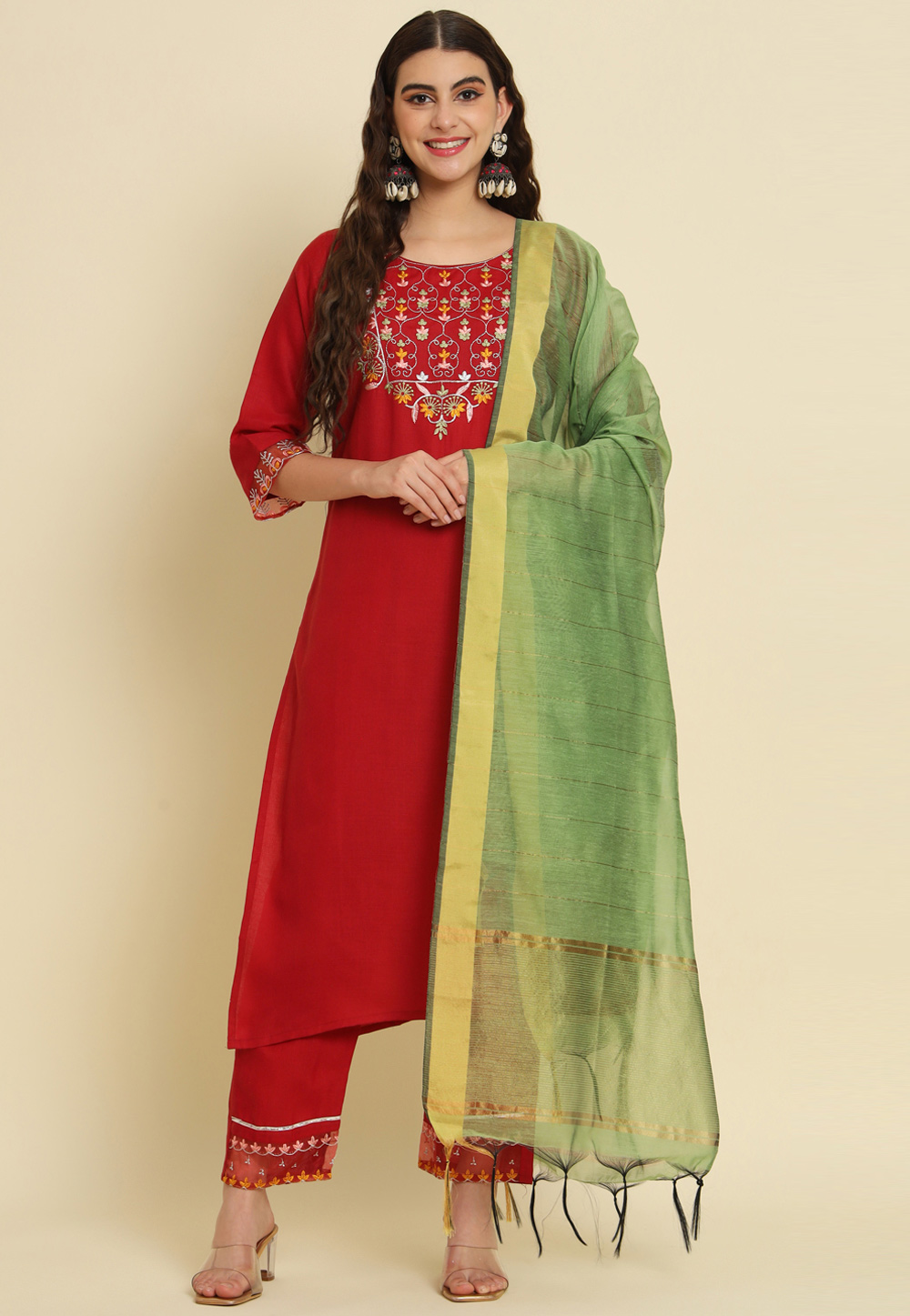 Red Silk Readymade Pant Style Suit 310178