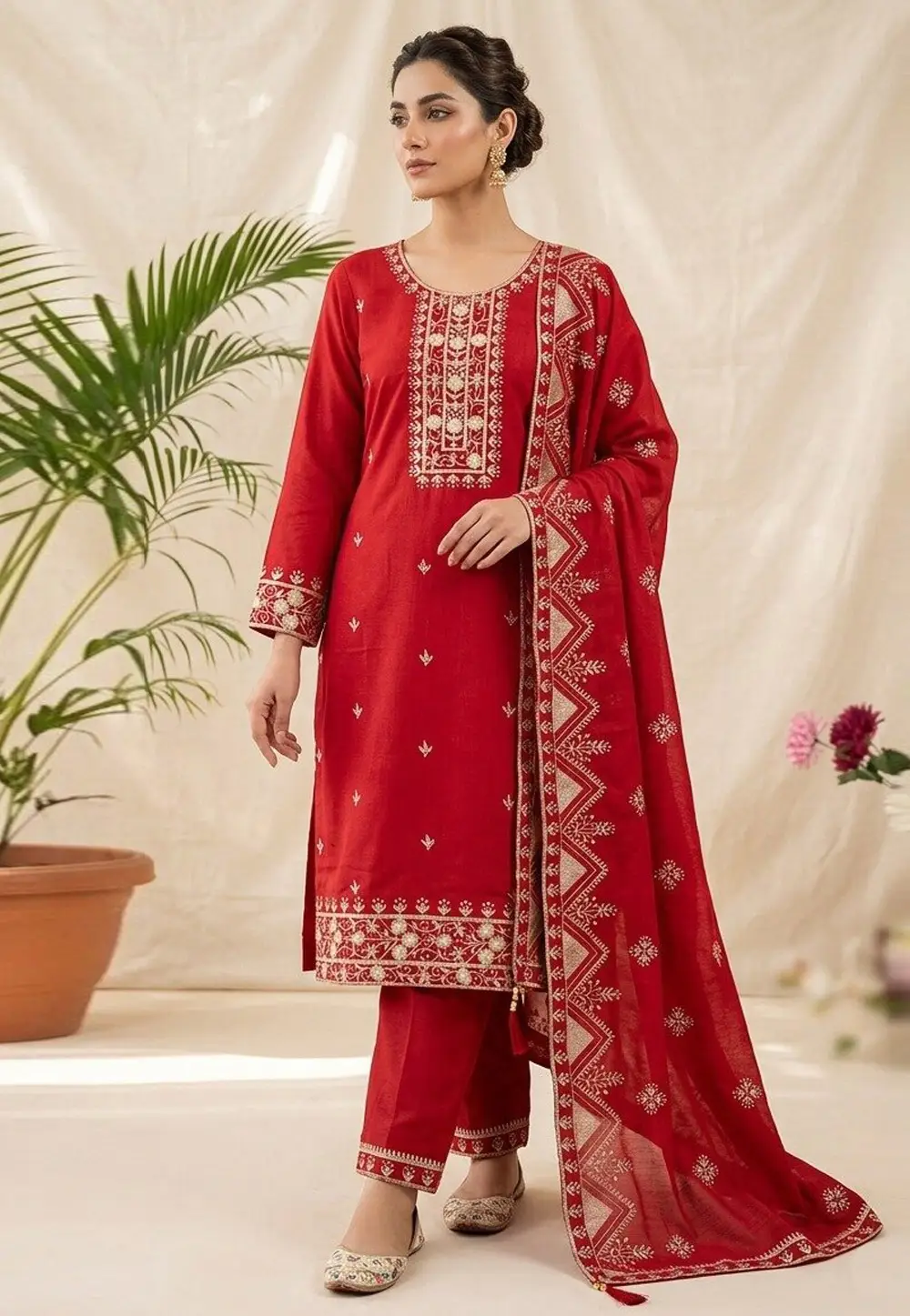 Red Silk Readymade Pant Style Suit 330950