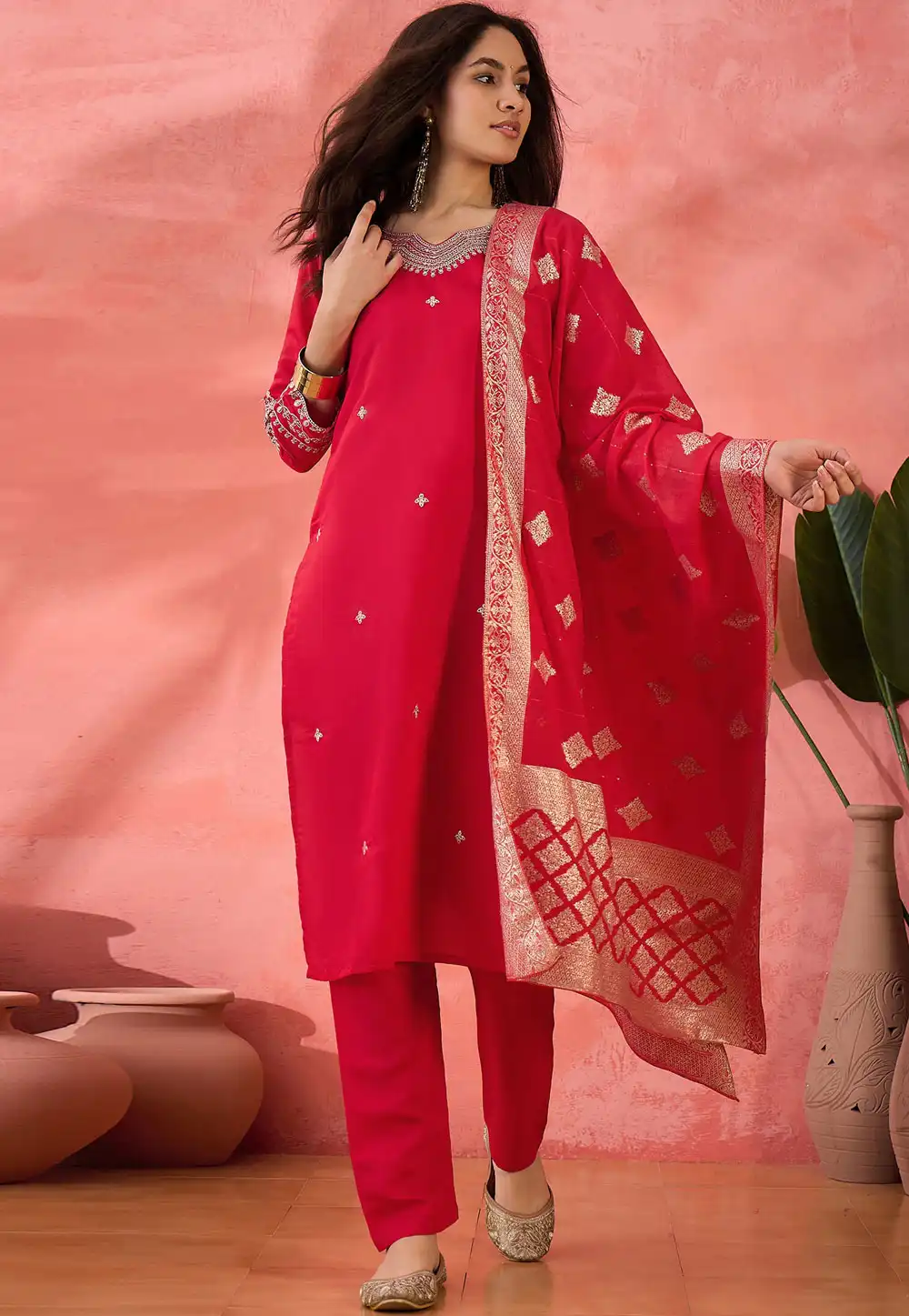 Red Silk Readymade Pant Style Suit 308385
