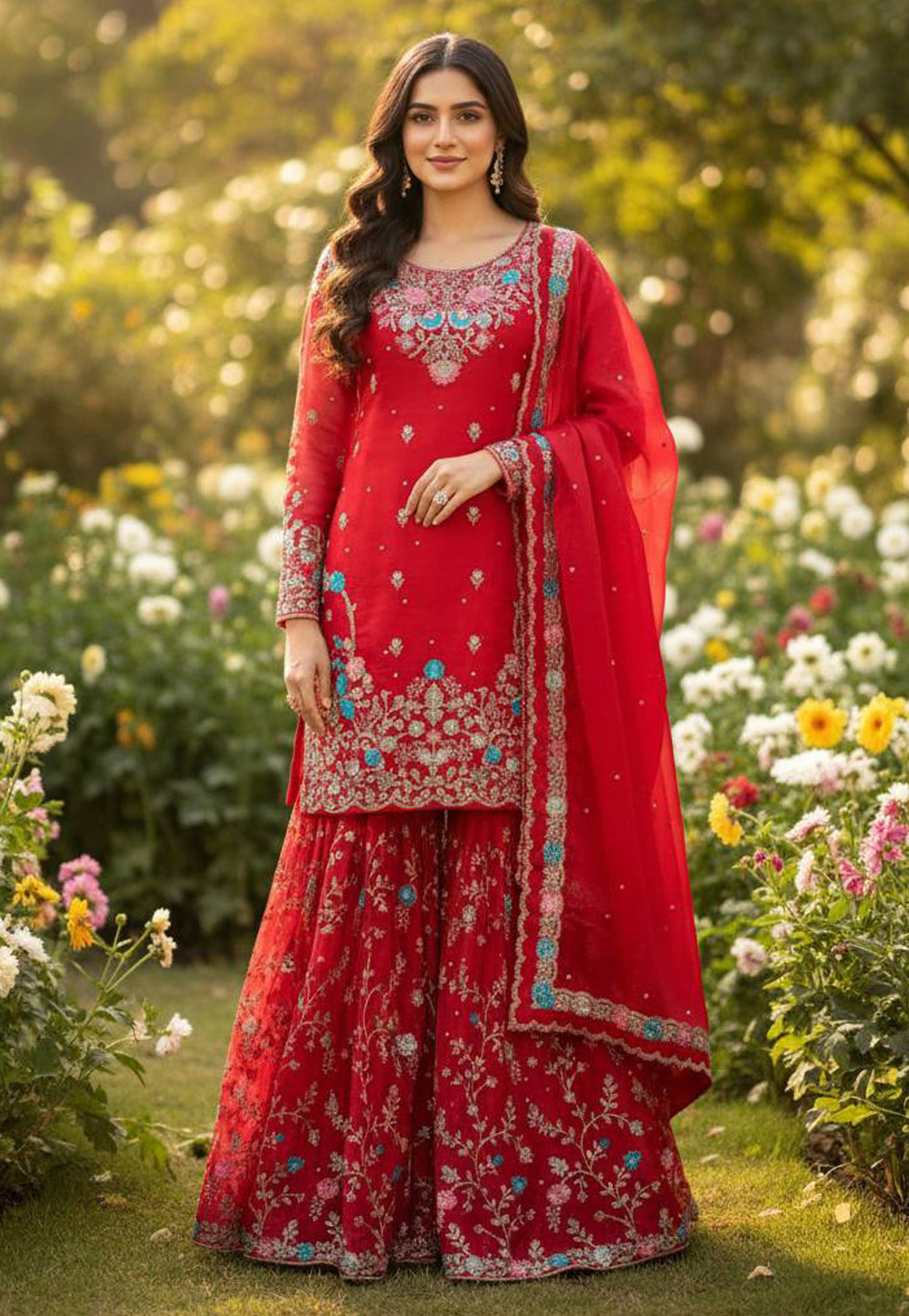 Red Silk Readymade Sharara Suit 321602