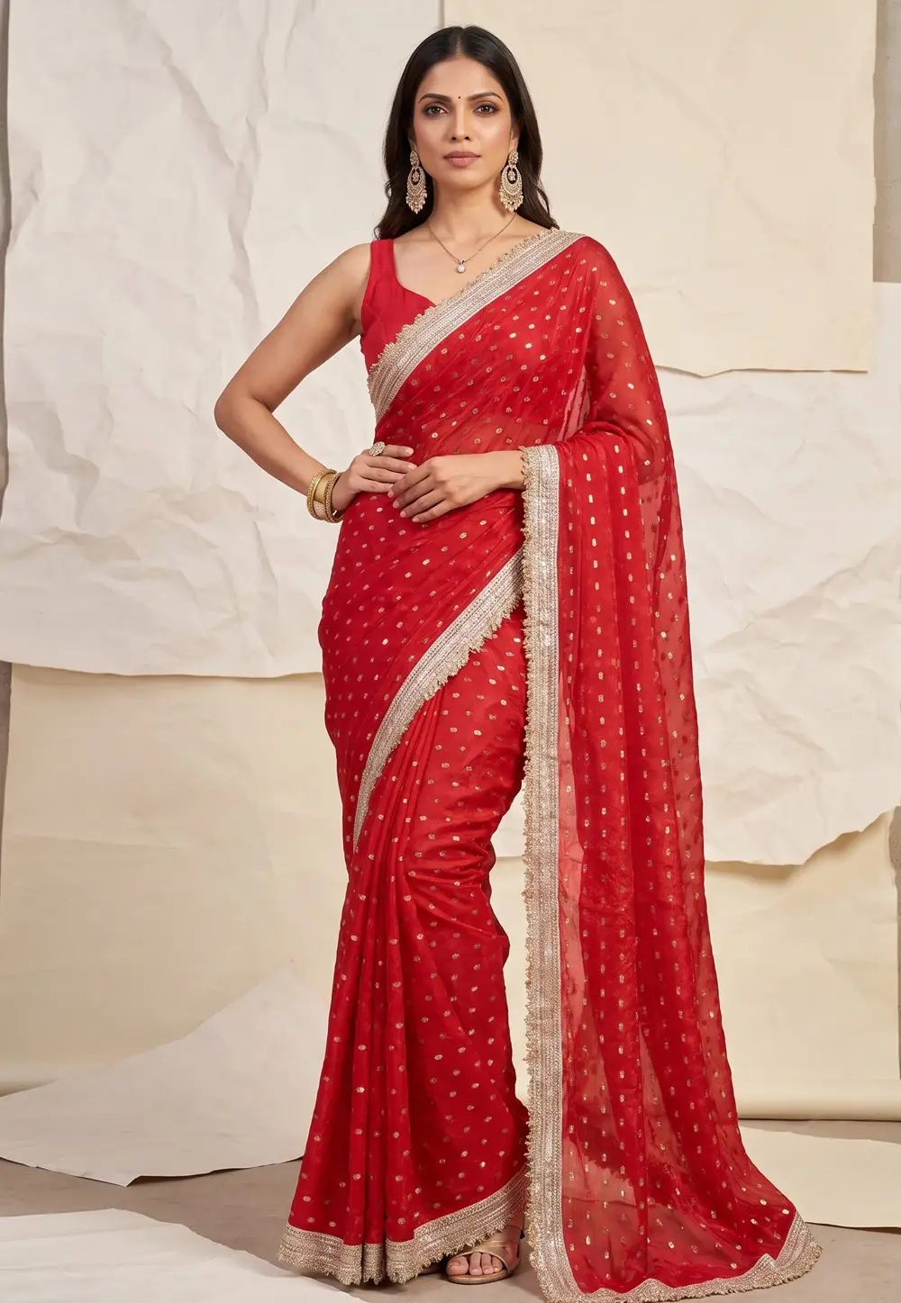 Red Silk Satin Saree With Blouse 335434