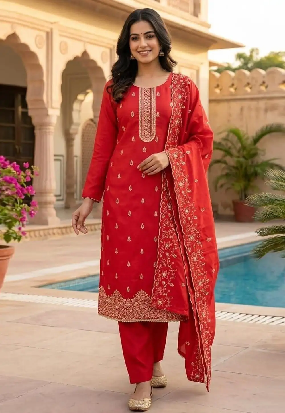 Red Silk Straight Suit 330893