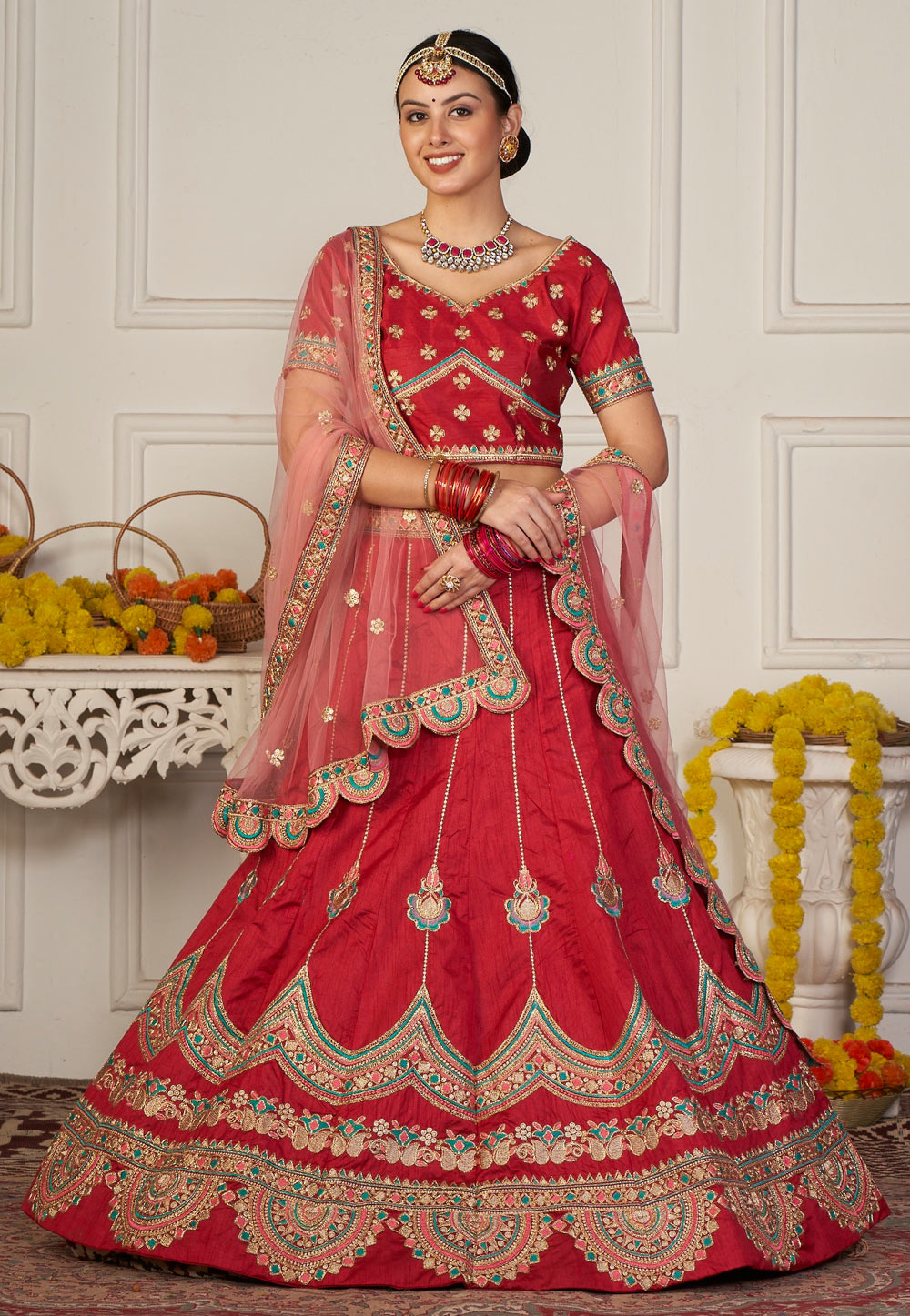 Red Taffeta A Line Lehenga Choli 286062
