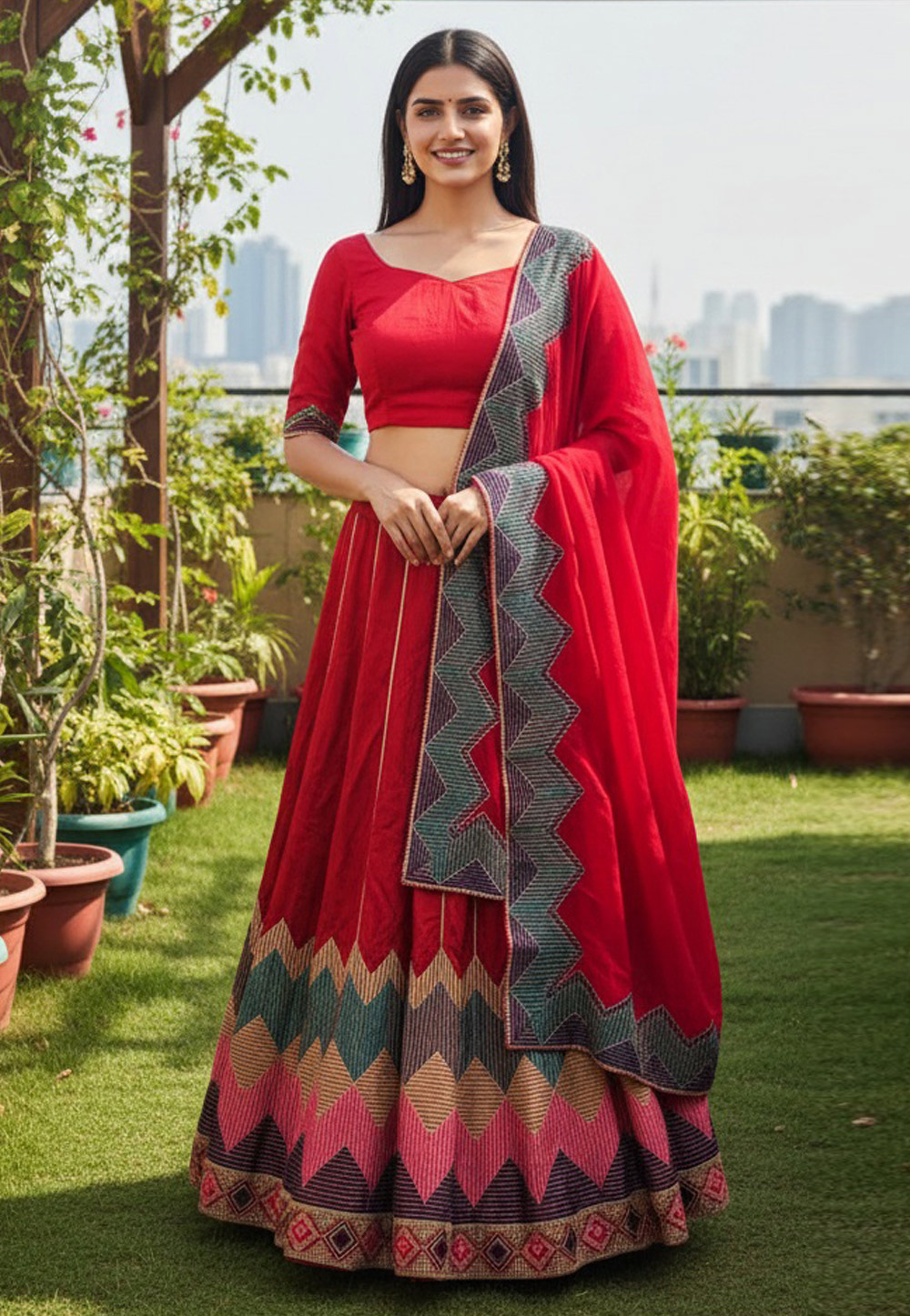 Red Taffeta Circular Lehenga Choli 329145