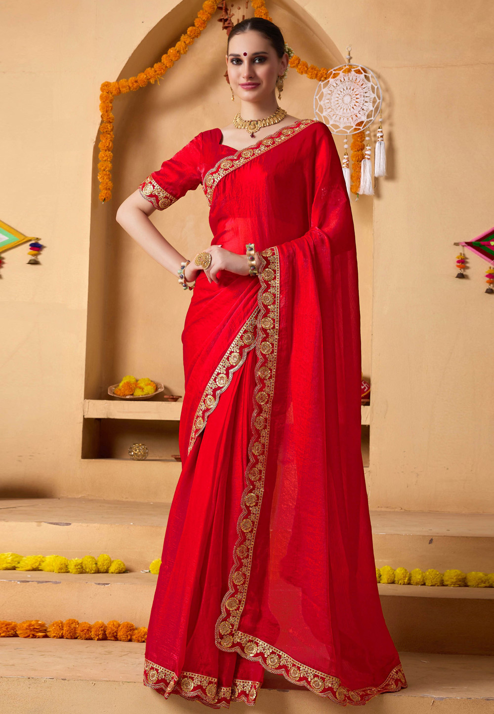 Red Tissue Lehenga Saree 327149