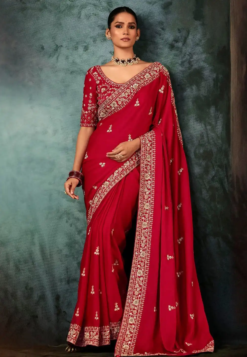 Red Tissue Saree With Blouse 319756