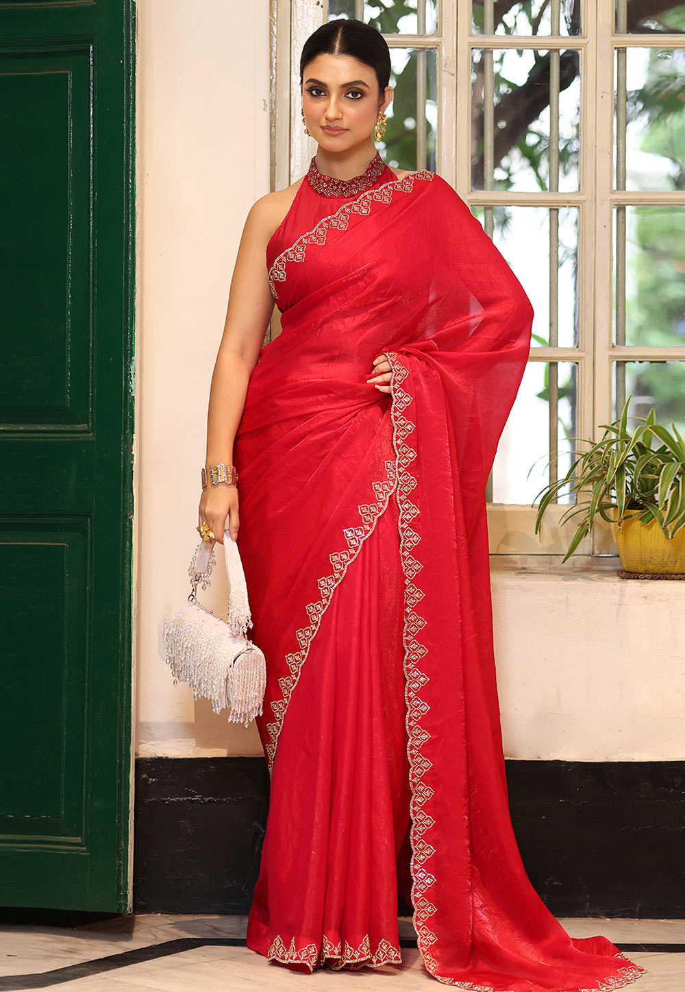Red Tissue Saree With Blouse 320120