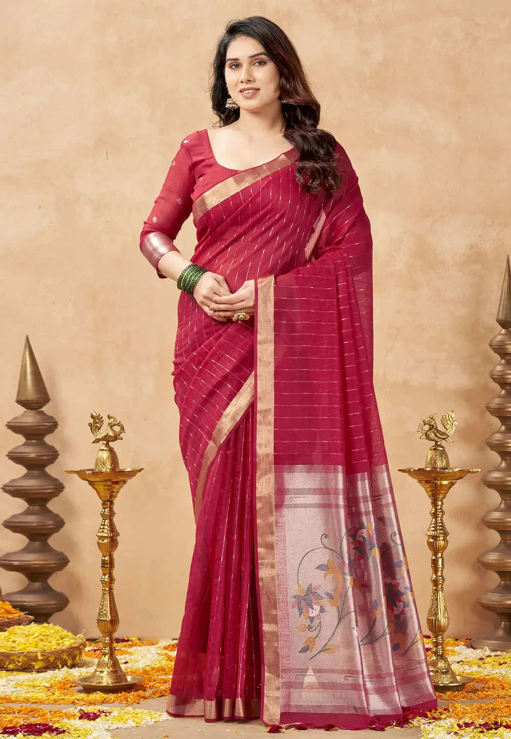 Red Tissue Saree With Blouse 335974