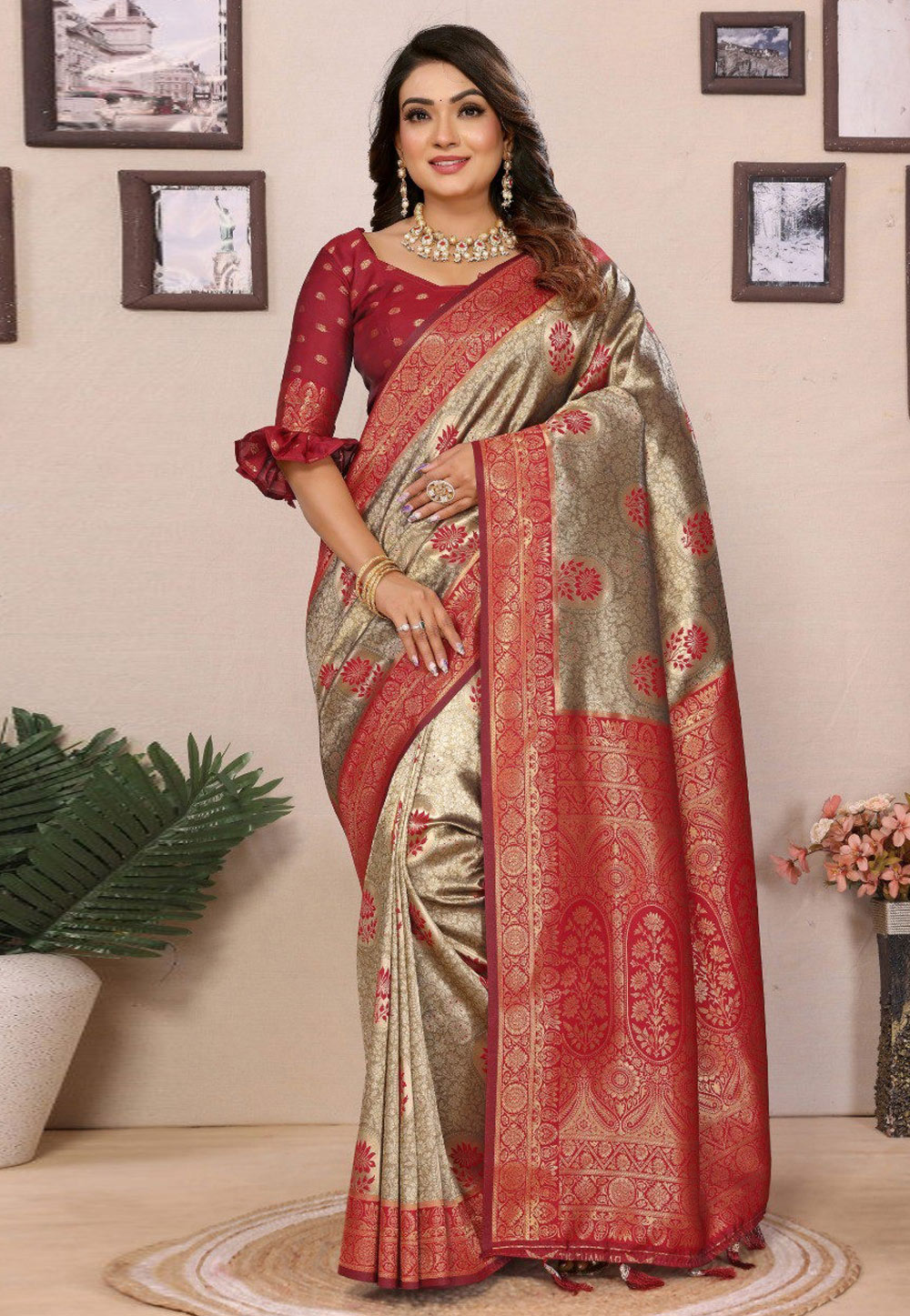 Red Tissue Silk Saree With Blouse 308866