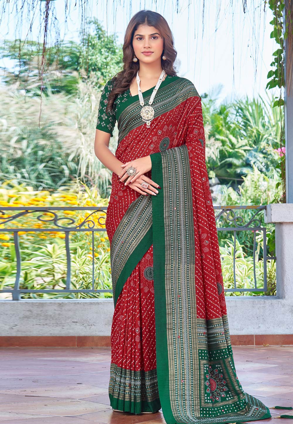Red Tussar Silk Bandhani Print Saree 323552