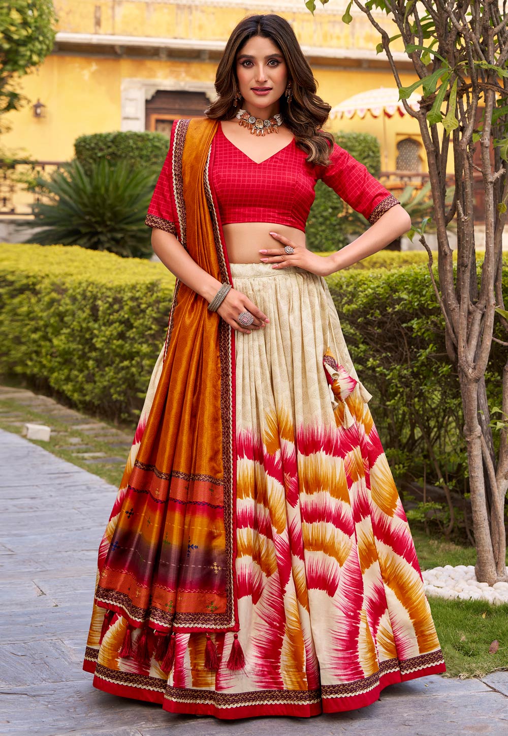 Red Tussar Silk Circular Lehenga Choli 324954
