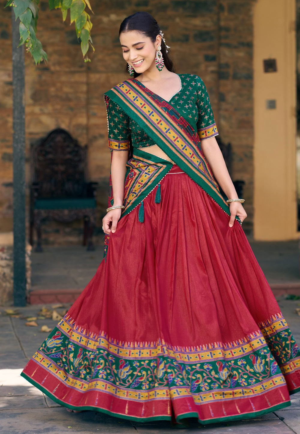 Red Tussar Silk Circular Lehenga Choli 329084