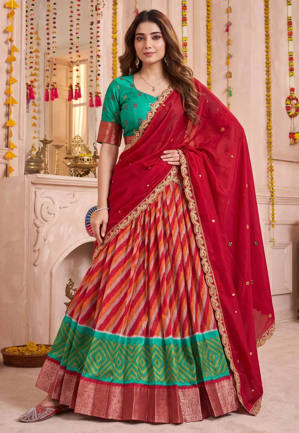 Red Tussar Silk Lehenga Choli 334448