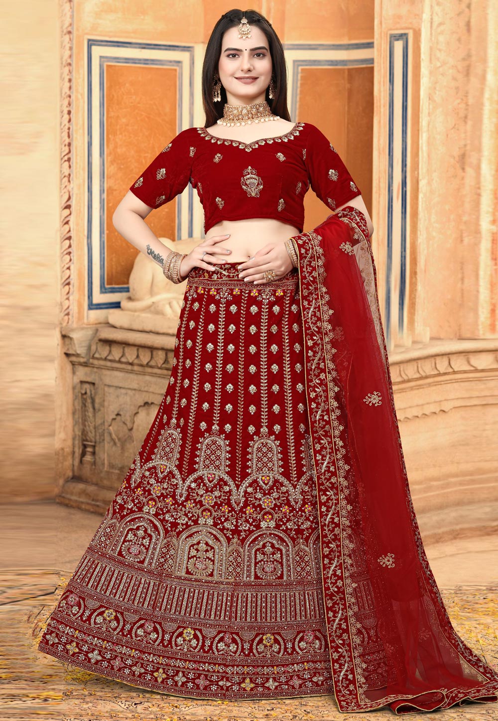 Red Velvet A Line Lehenga Choli 279396
