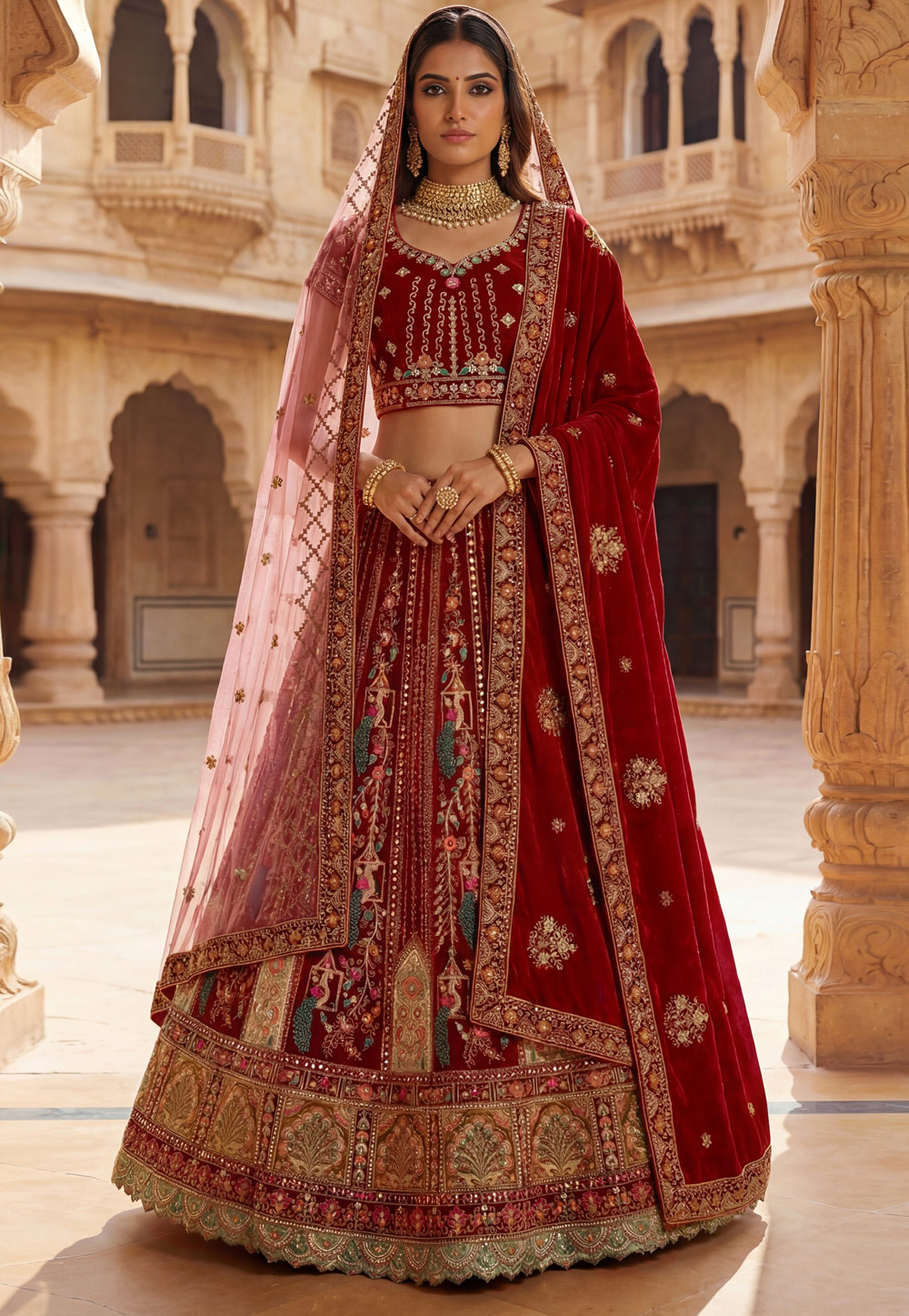 Red Velvet Bridal Lehenga Choli 323076
