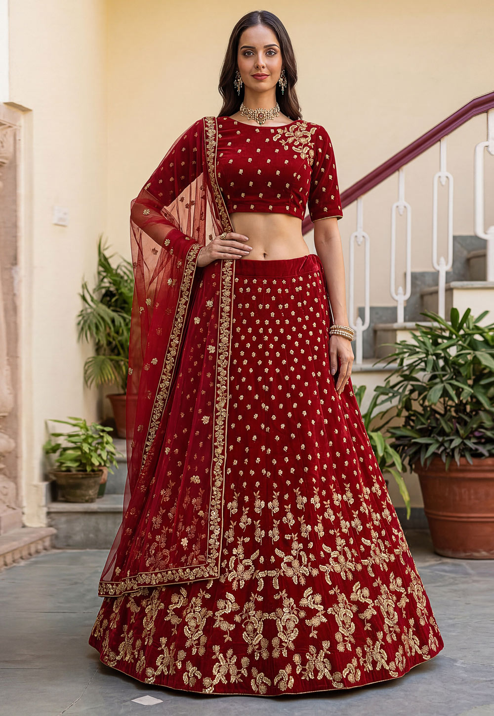 Red Velvet Bridal Lehenga Choli 328798