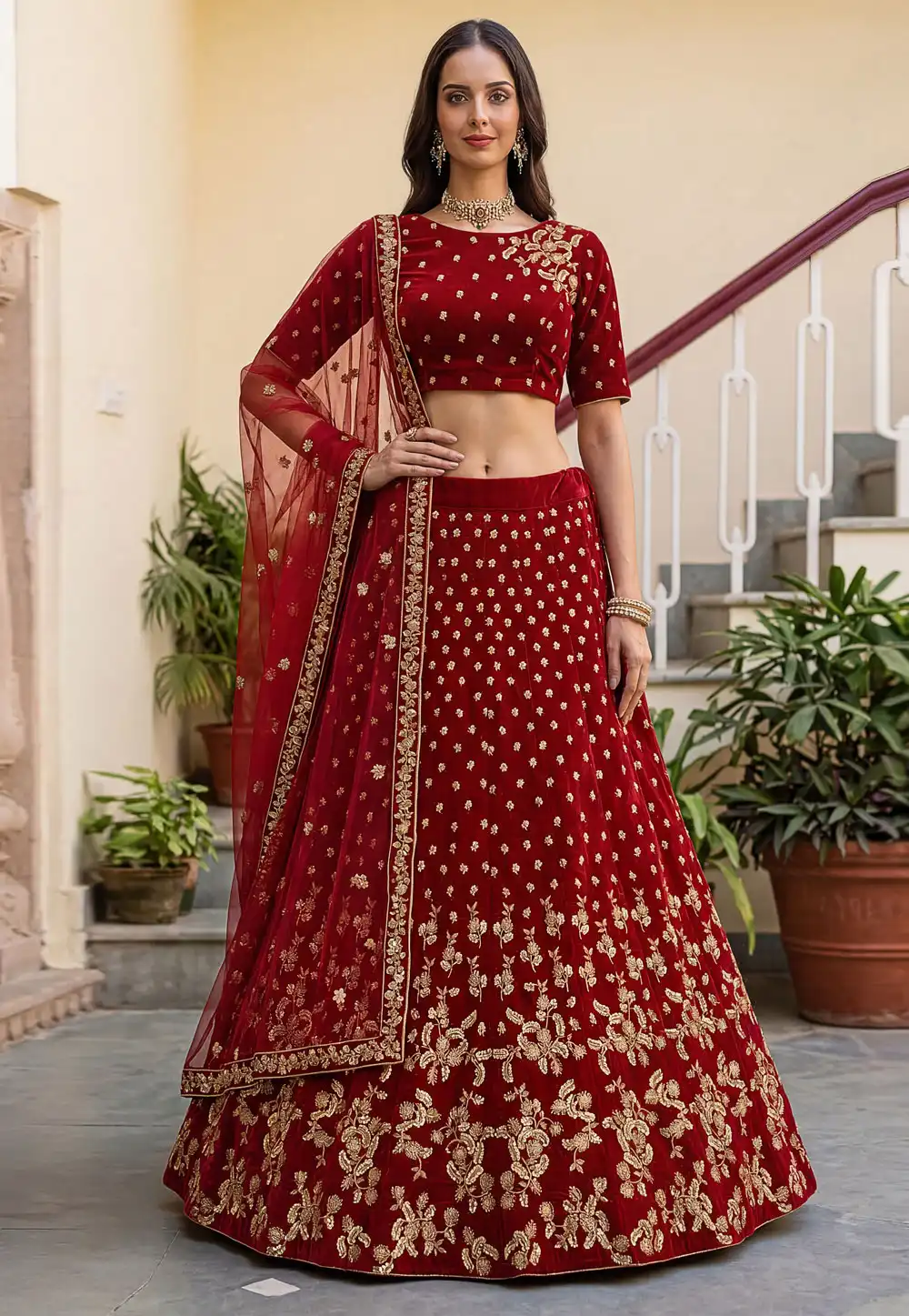 Red Velvet Bridal Lehenga Choli 328798
