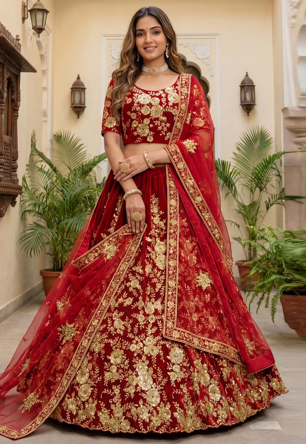 Red Velvet Bridal Lehenga Choli 325584