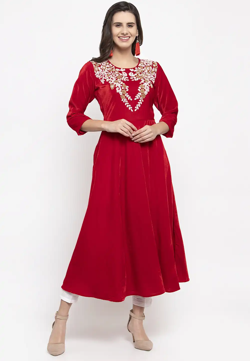 Red Velvet Readymade Anarkali Suit 322172