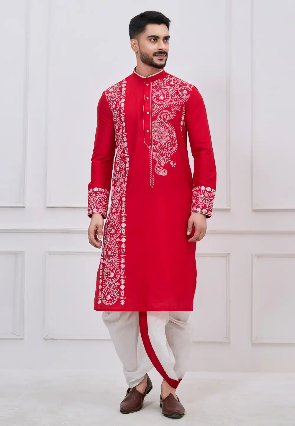 Red Viscose Bengali Dhoti Kurta 322851