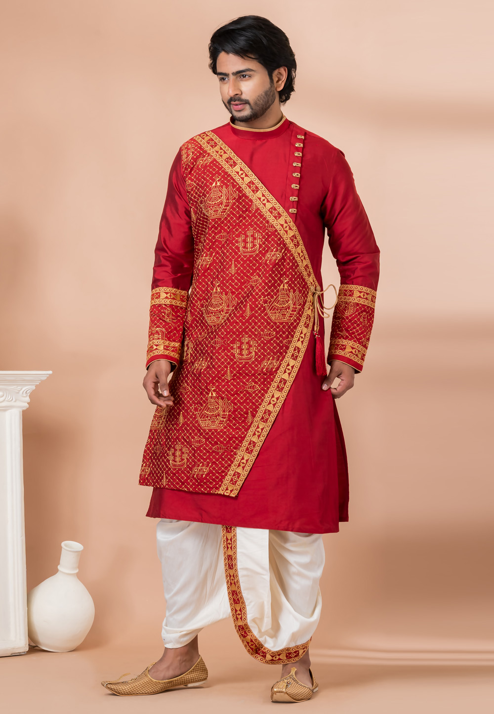 Red Viscose Dhoti Kurta 282516
