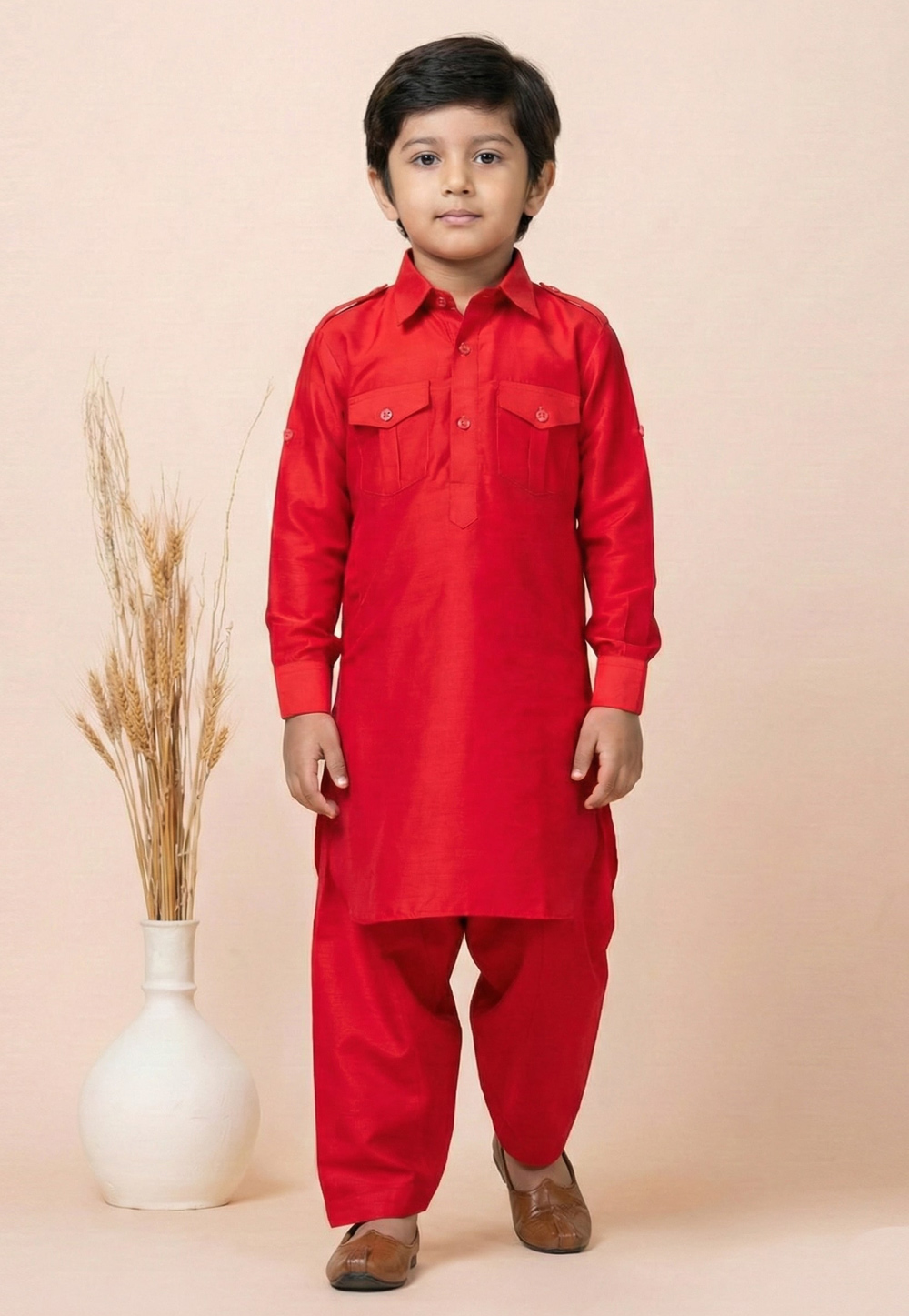 Red Viscose Kids Pathani Suit 322091