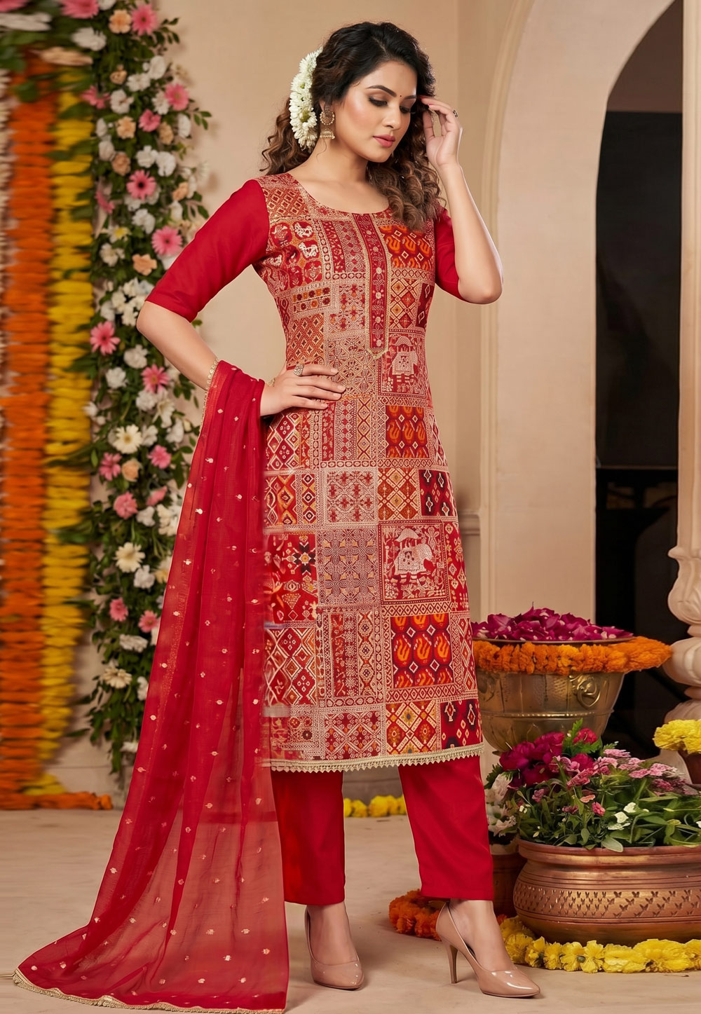 Red Viscose Pant Style Suit 327705