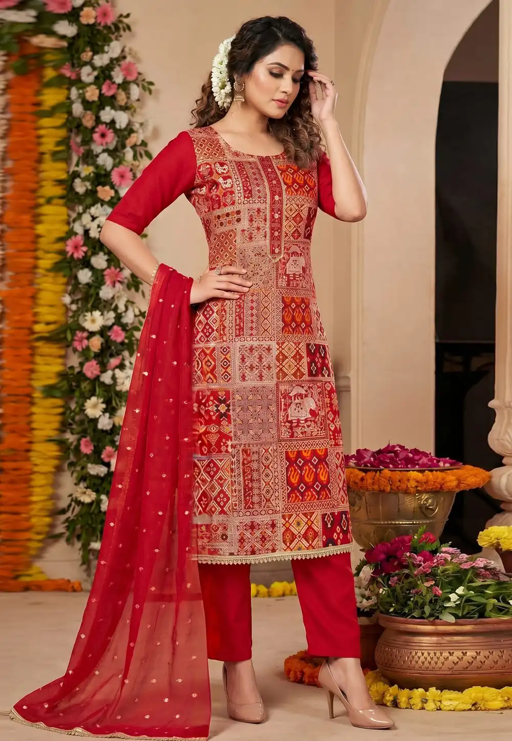Red Viscose Pant Style Suit 327705