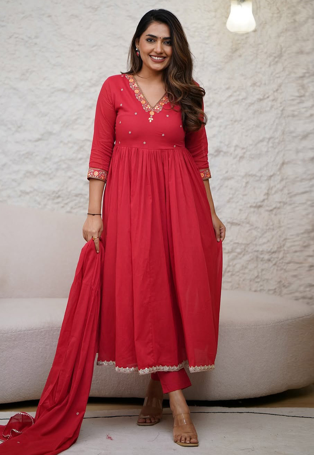Red Viscose Readymade Anarkali Suit 308787