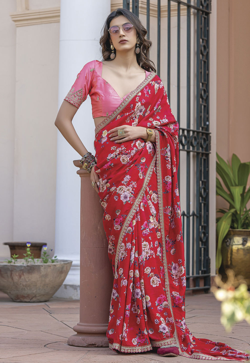 Red Viscose Saree With Blouse 316574