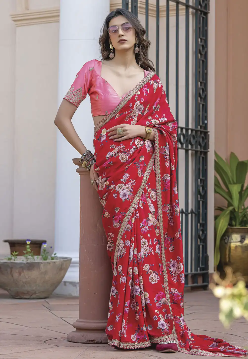 Red Viscose Saree With Blouse 316574