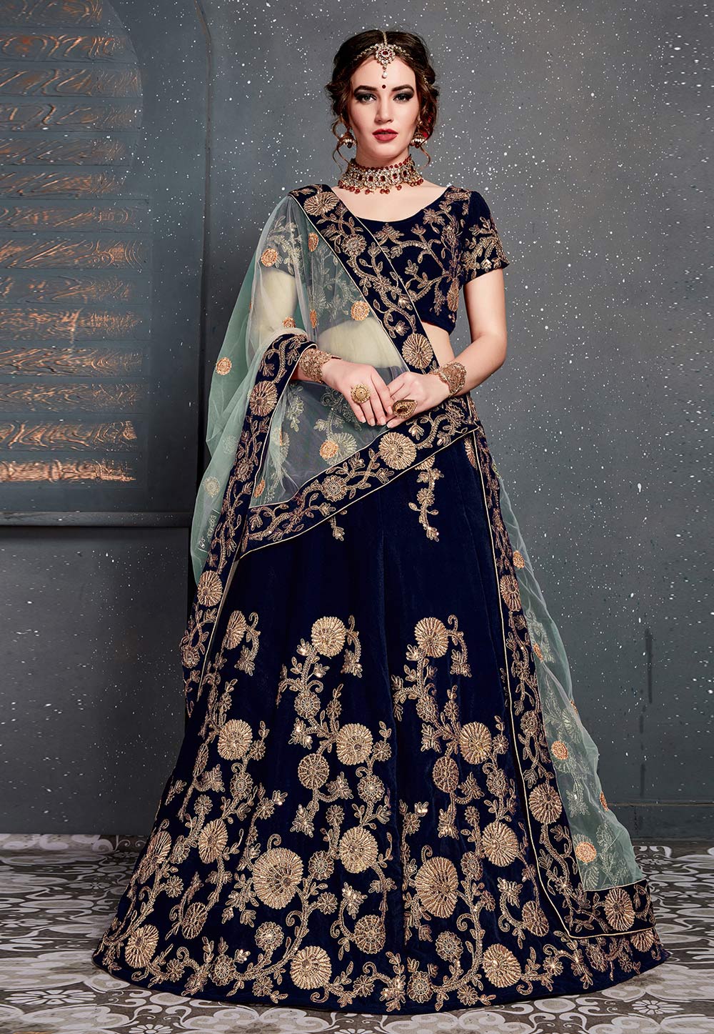 Navy Blue Velvet Embroidered Circular Lehenga Choli 182969