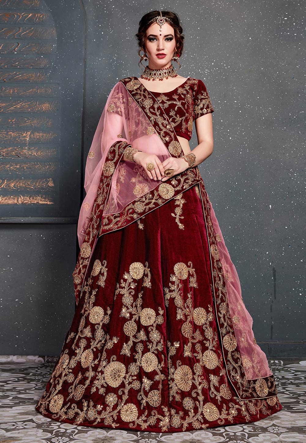 Maroon Velvet Embroidered Circular Lehenga Choli 182970