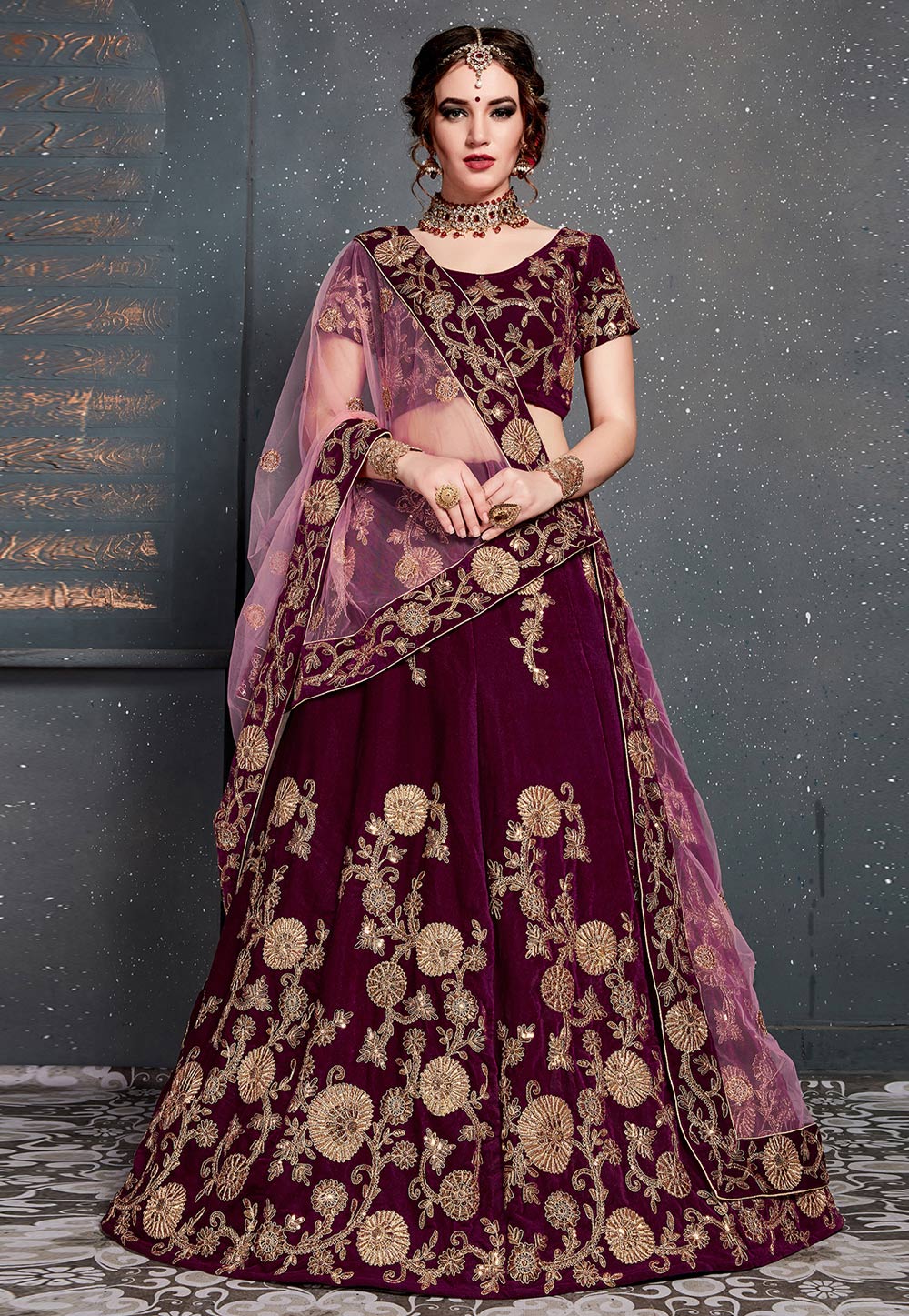 Purple Velvet Embroidered Circular Lehenga Choli 182972