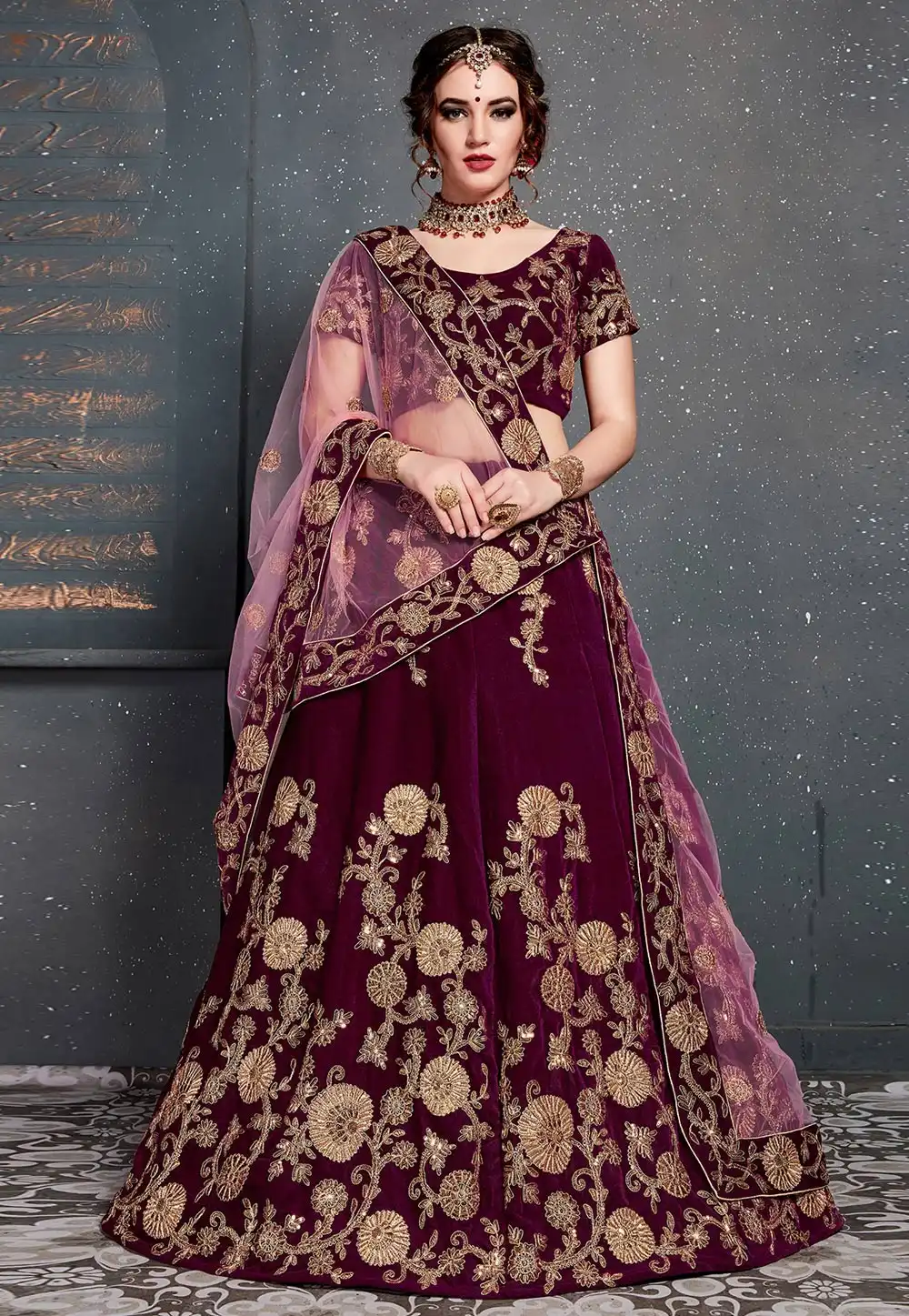 Purple Velvet Embroidered Circular Lehenga Choli 182972