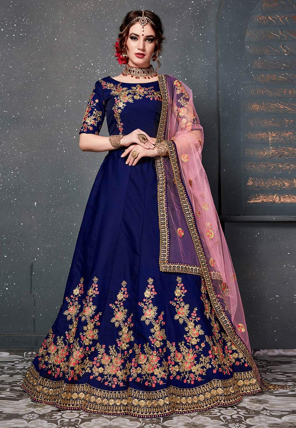 Navy Blue Taffeta Embroidered Circular Lehenga Choli 182973