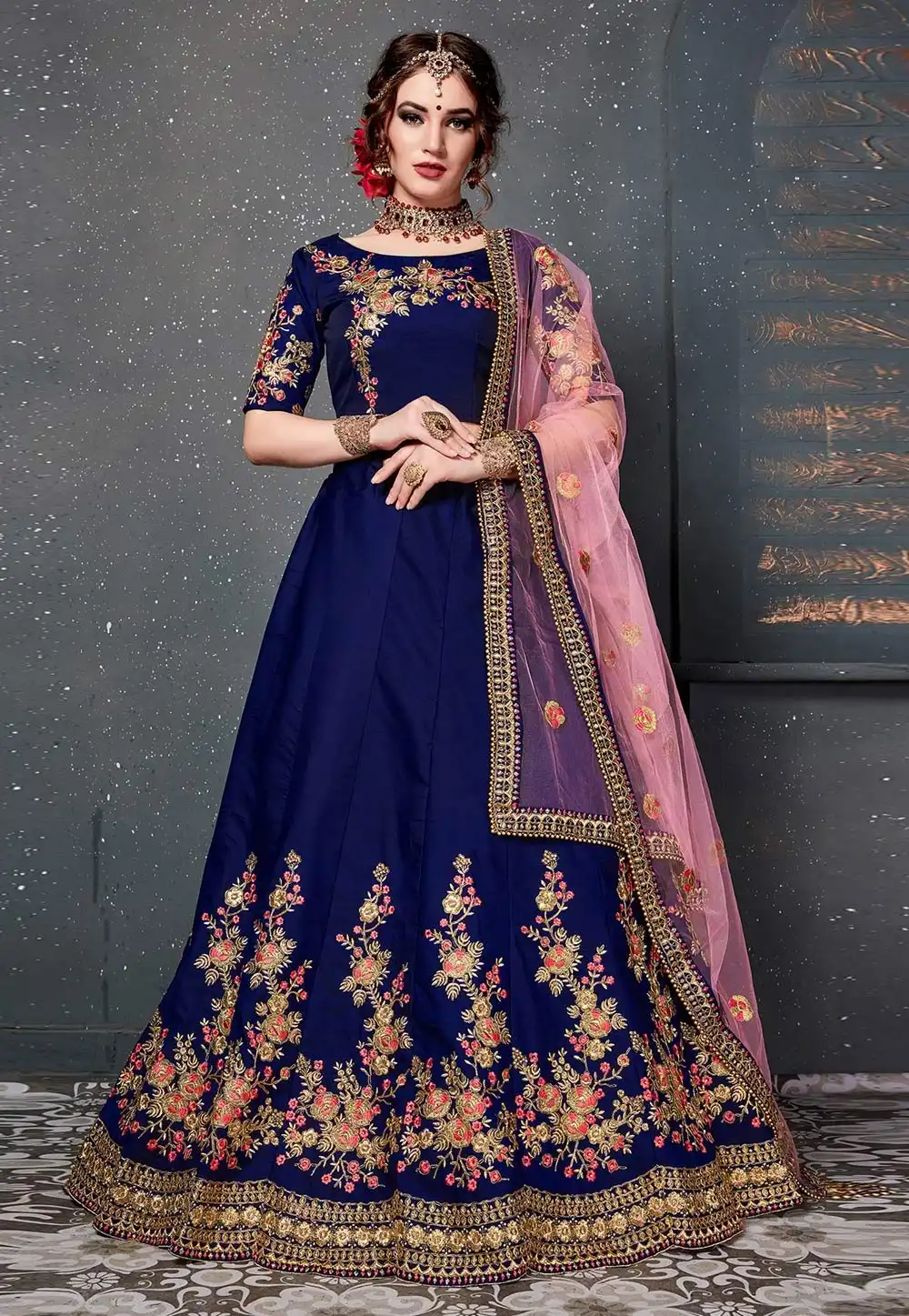 Navy Blue Taffeta Embroidered Circular Lehenga Choli 182973