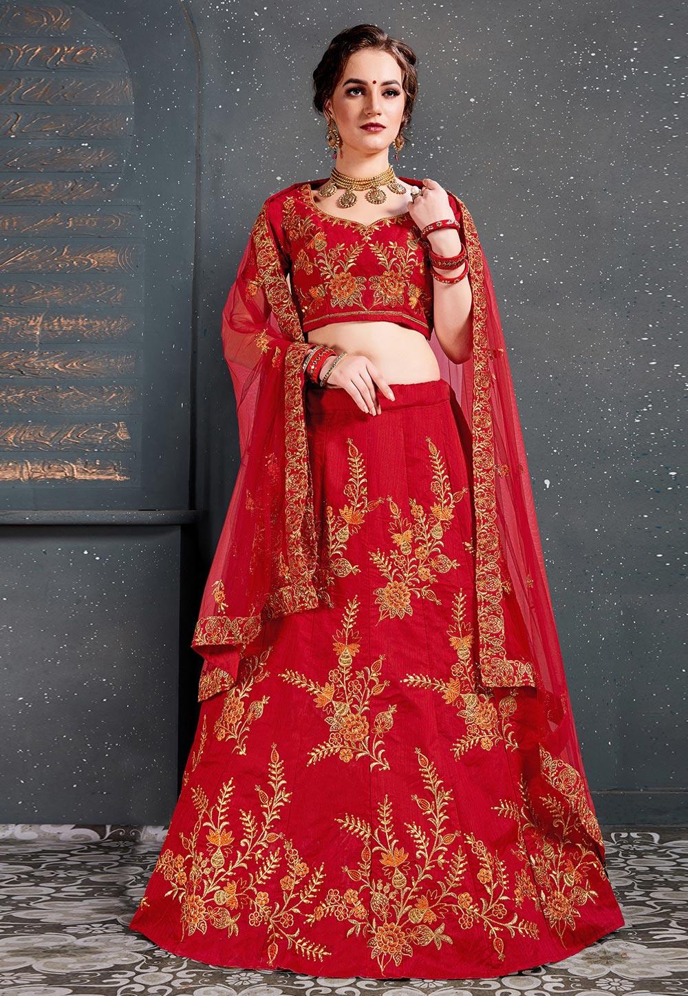 Red Silk Embroidered Circular Lehenga Choli 182976