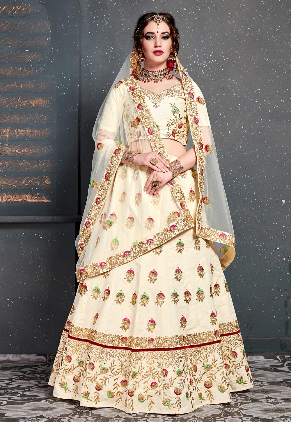 Beige Silk Embroidered Circular Lehenga Choli 182978